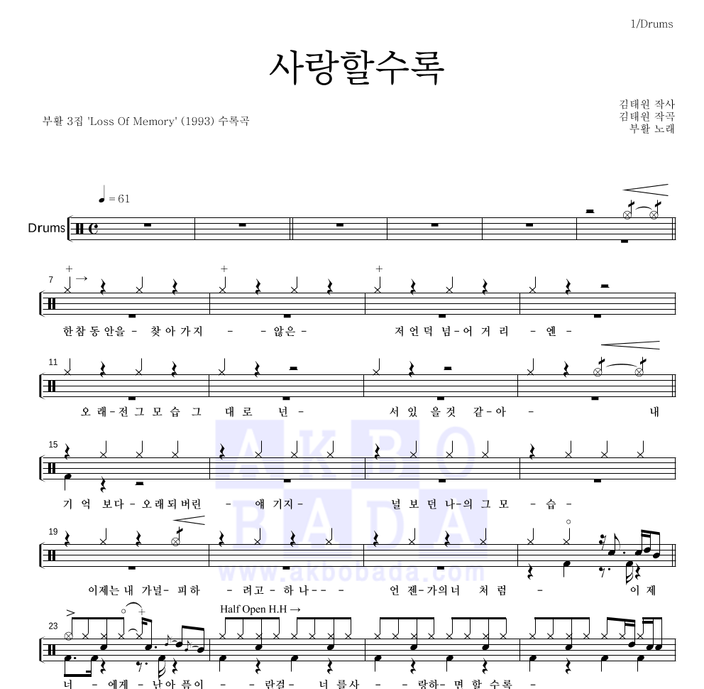 부활 - 사랑할수록 드럼(Tab) 악보 