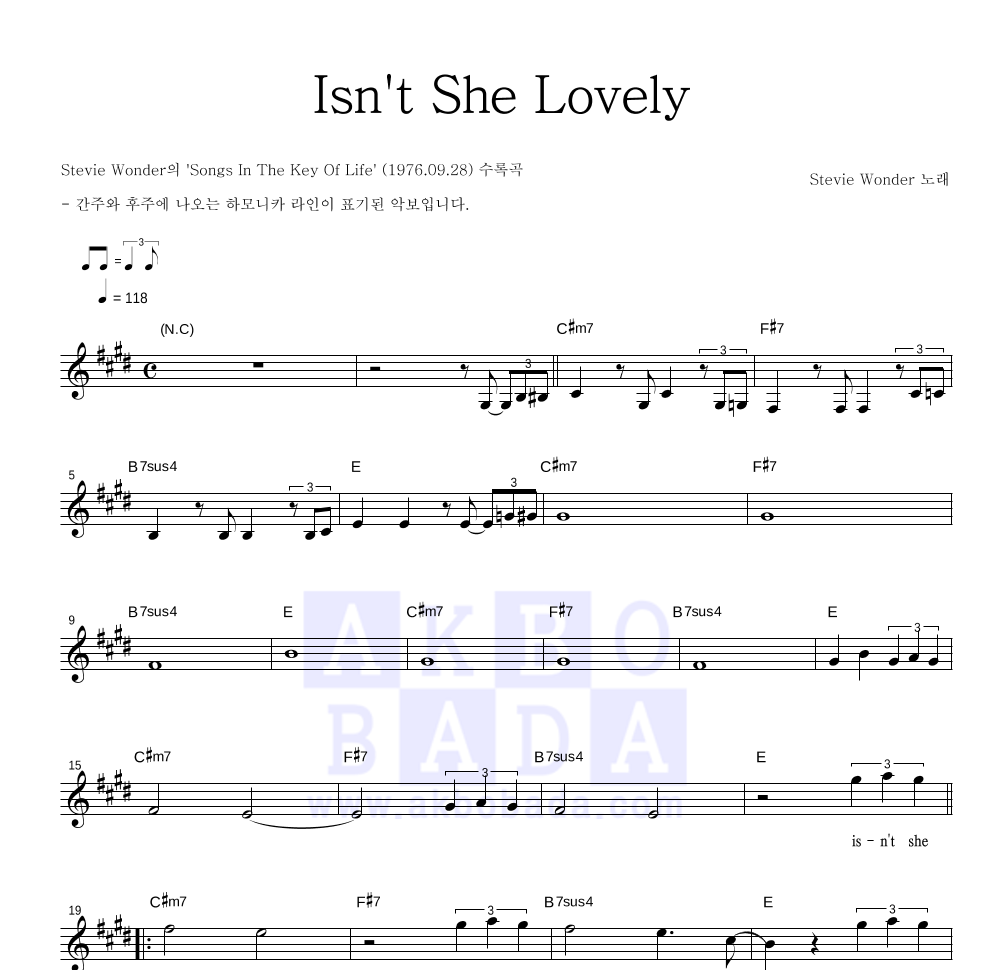 Stevie Wonder - Isn't She Lovely 멜로디 악보 