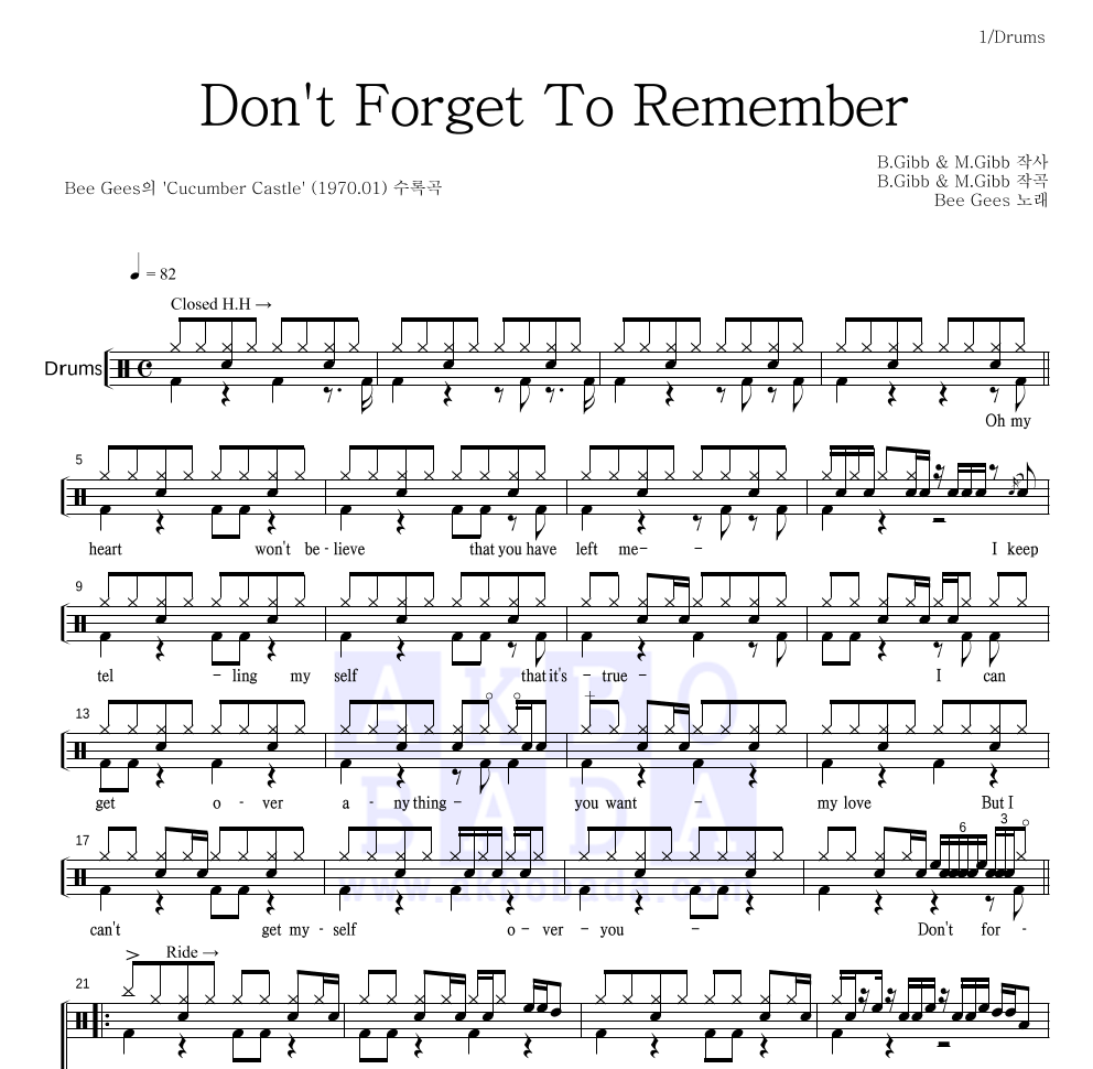 Bee Gees - Don't Forget To Remember 드럼(Tab) 악보 