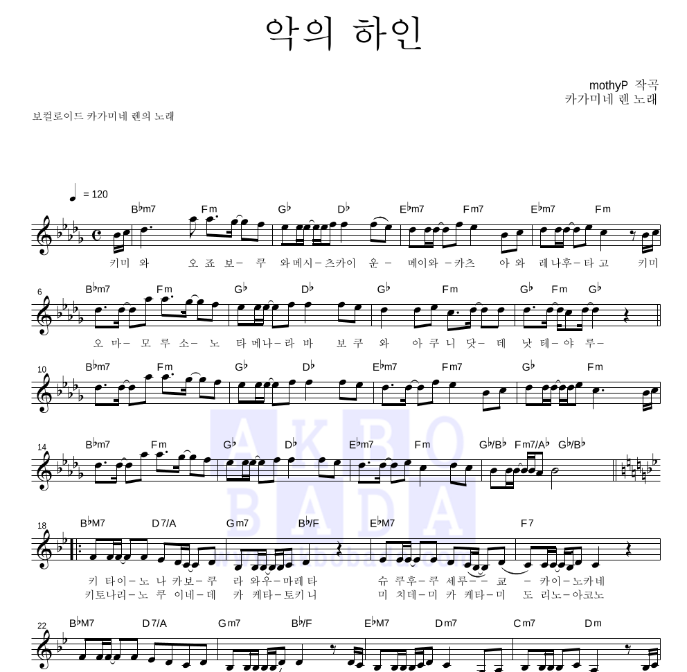 Kagamine Len - 악의 하인 멜로디 악보 