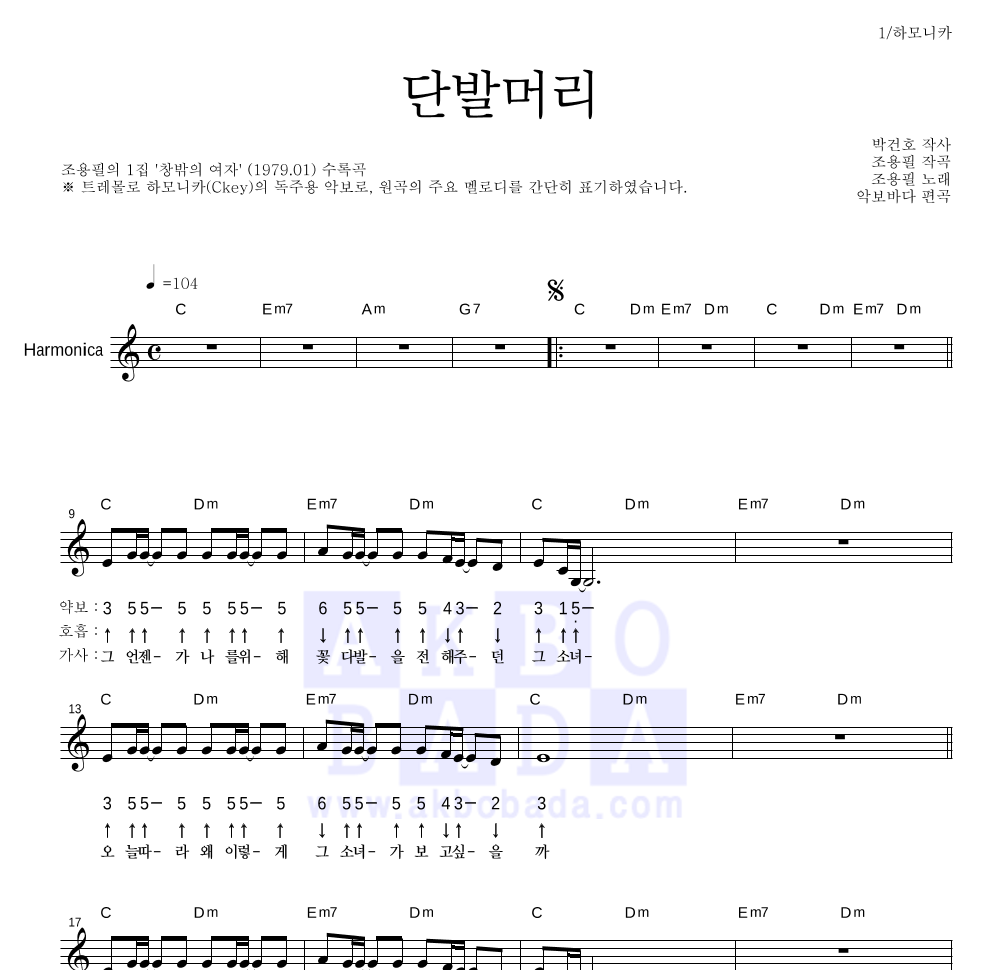 조용필 - 단발머리 하모니카 악보 