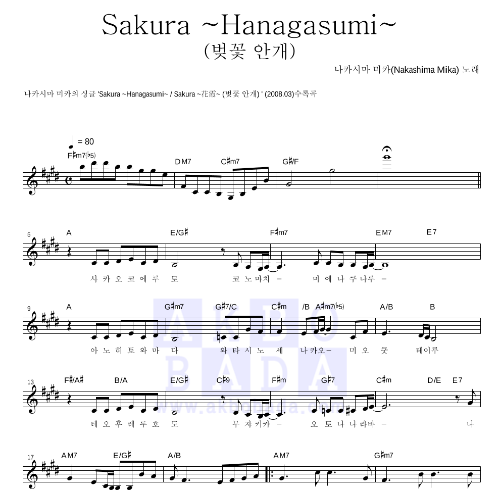 Nakashima Mika - Sakura~Hanagasumi~ 멜로디 악보 