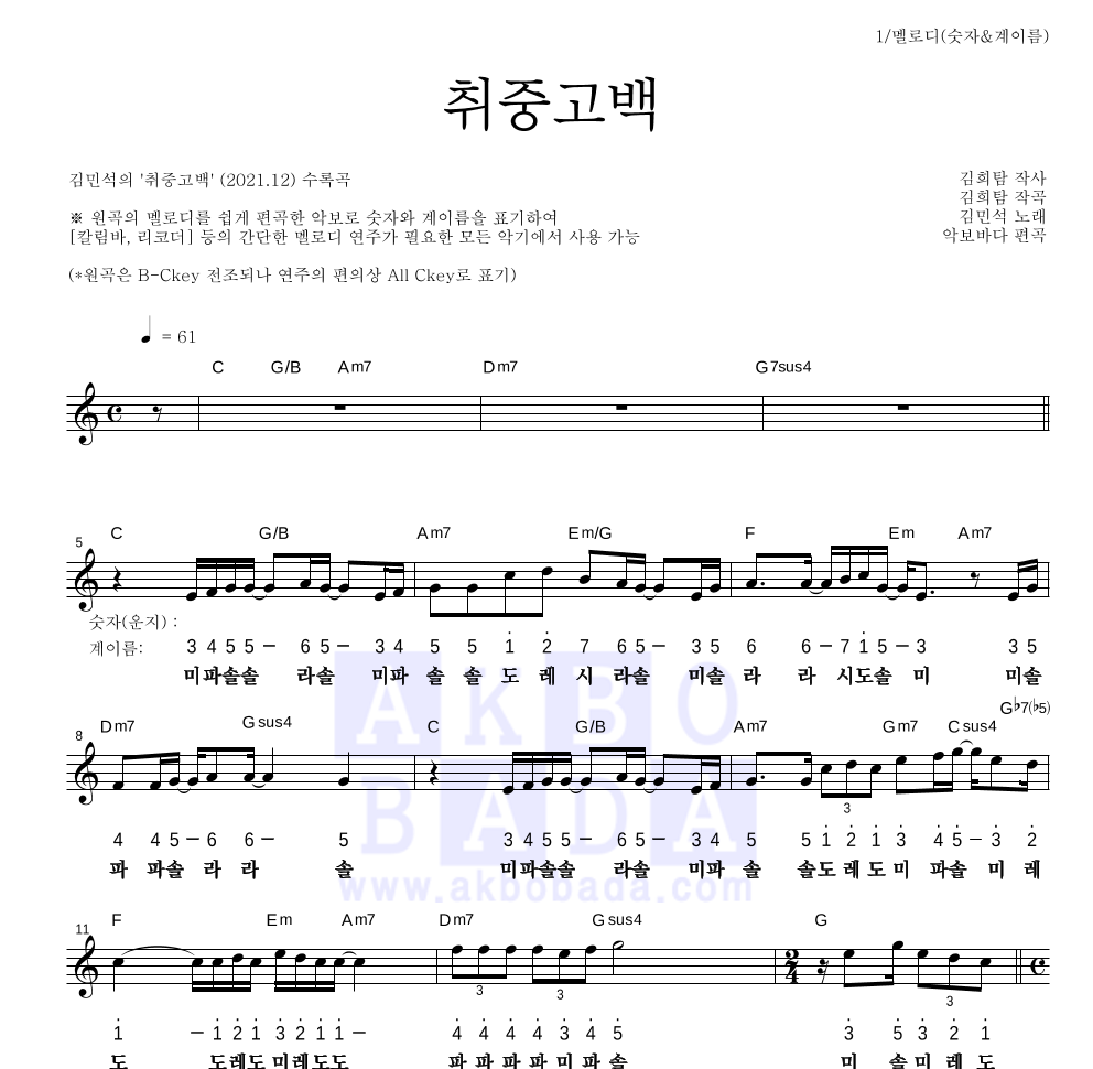 김민석 - 취중고백 멜로디-숫자&계이름 악보 