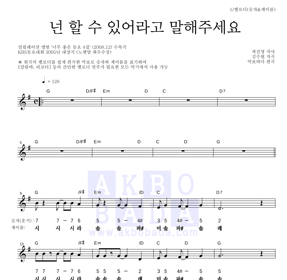 동요 - 넌 할 수 있어라고 말해주세요 멜로디-숫자&계이름 악보 