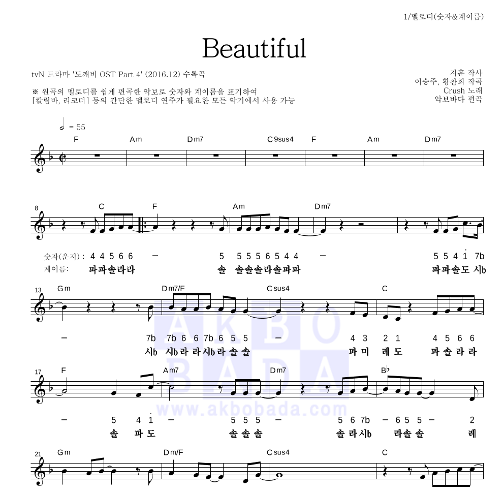 크러쉬 - Beautiful 멜로디-숫자&계이름 악보 