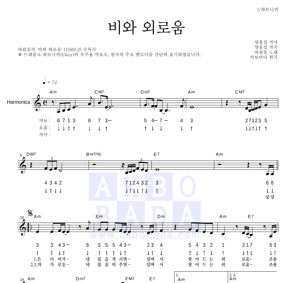 바람꽃 - 비와 외로움 하모니카 악보 