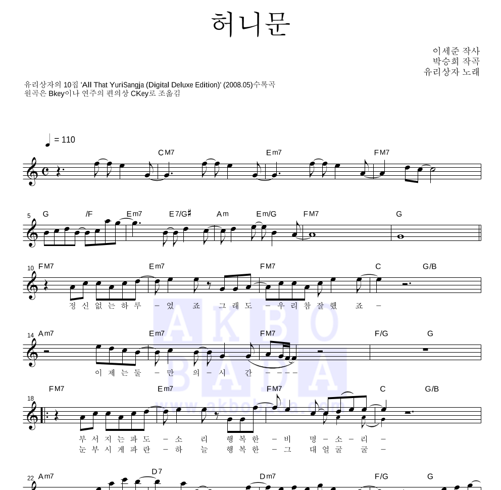 유리상자 - 허니문 멜로디 악보 