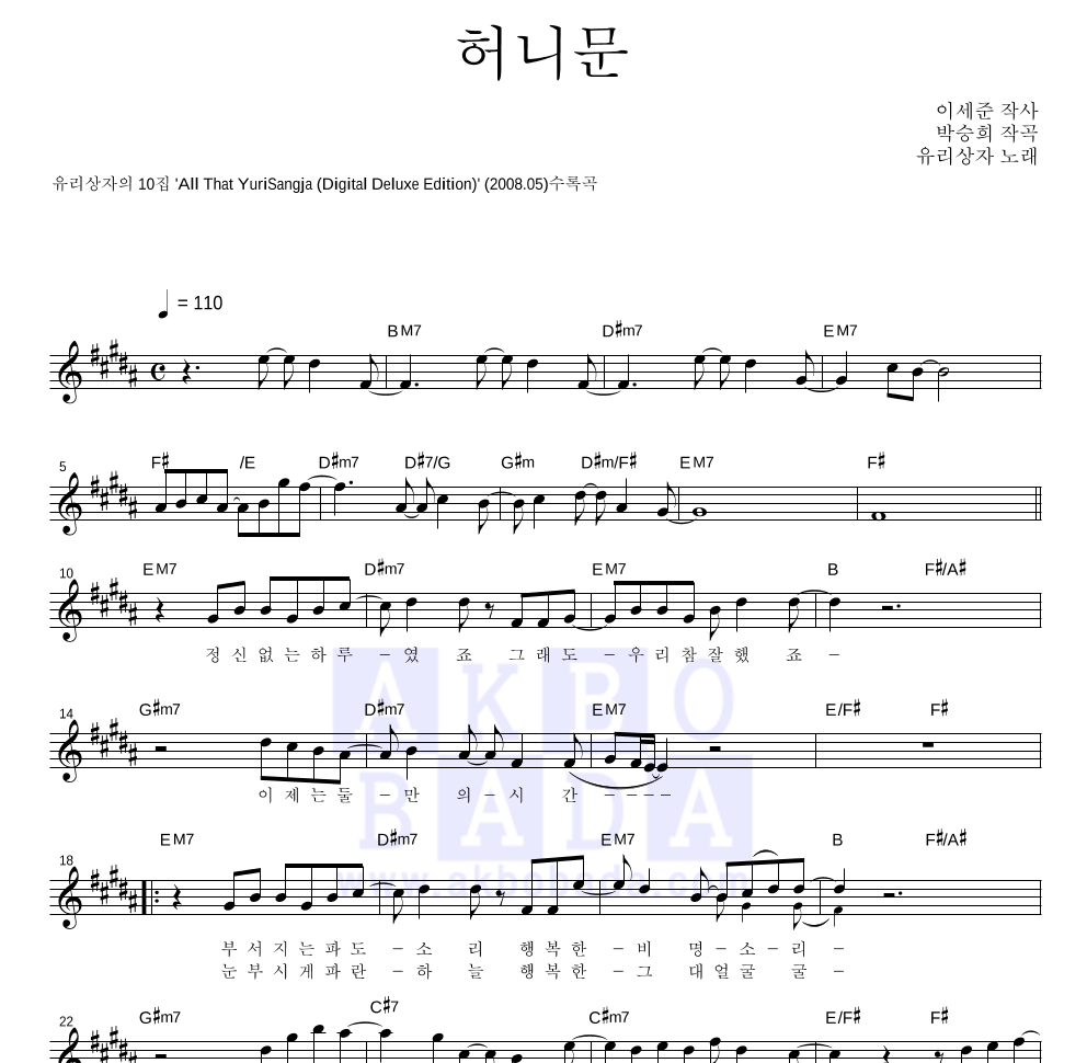 유리상자 - 허니문 멜로디 악보 