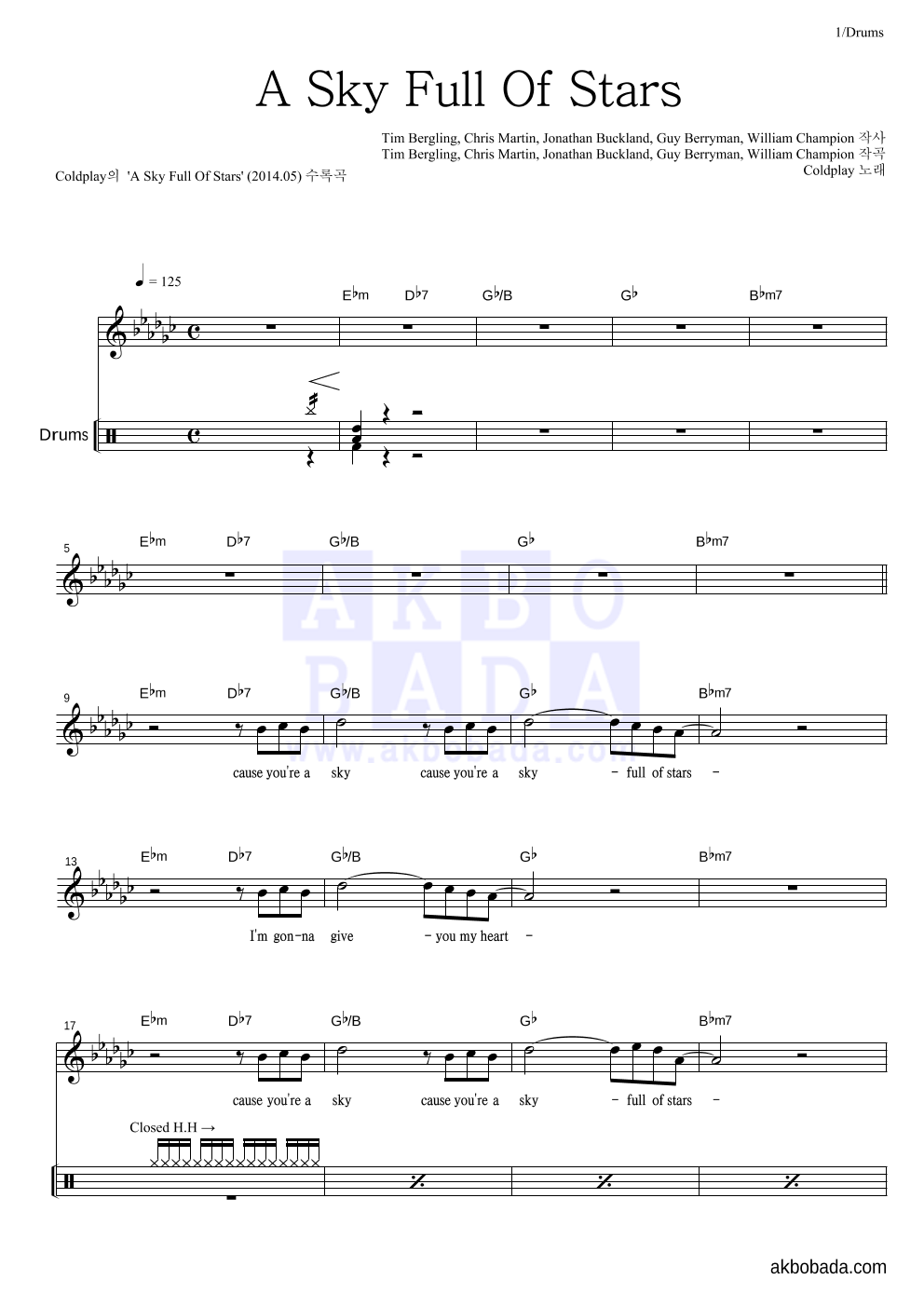 Coldplay - A Sky Full Of Stars 드럼 악보 