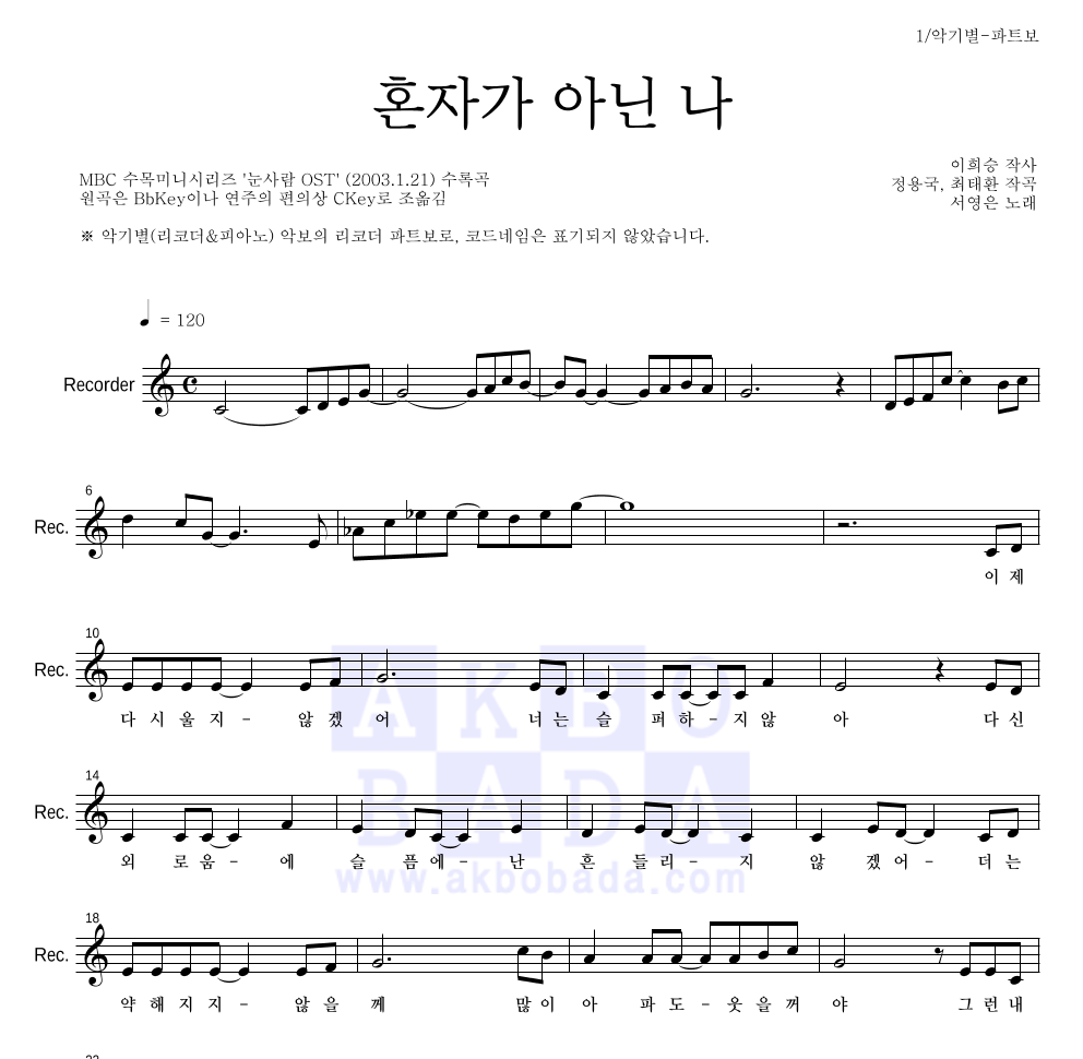 서영은 - 혼자가 아닌 나 리코더 파트보 악보 