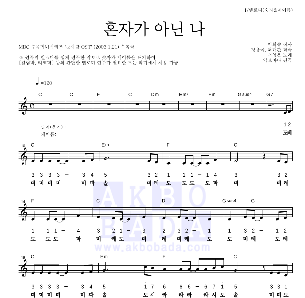 서영은 - 혼자가 아닌 나 멜로디-숫자&계이름 악보 