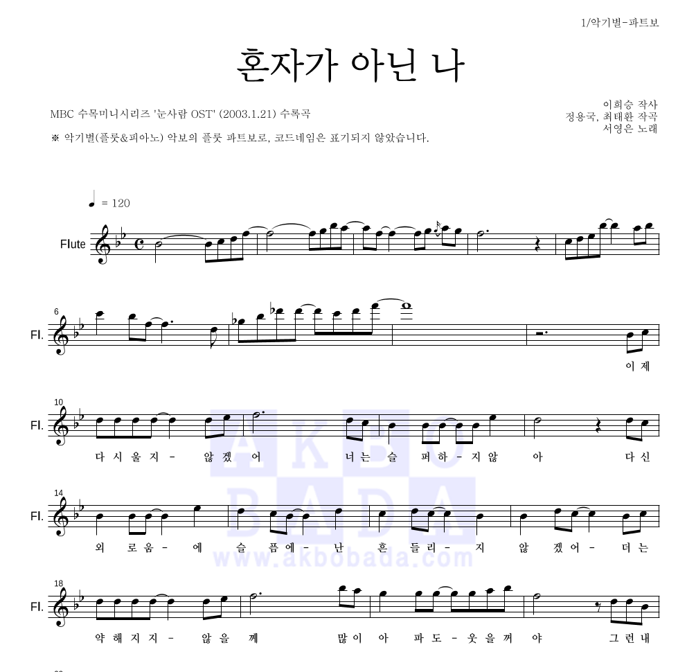 서영은 - 혼자가 아닌 나 플룻 파트보 악보 