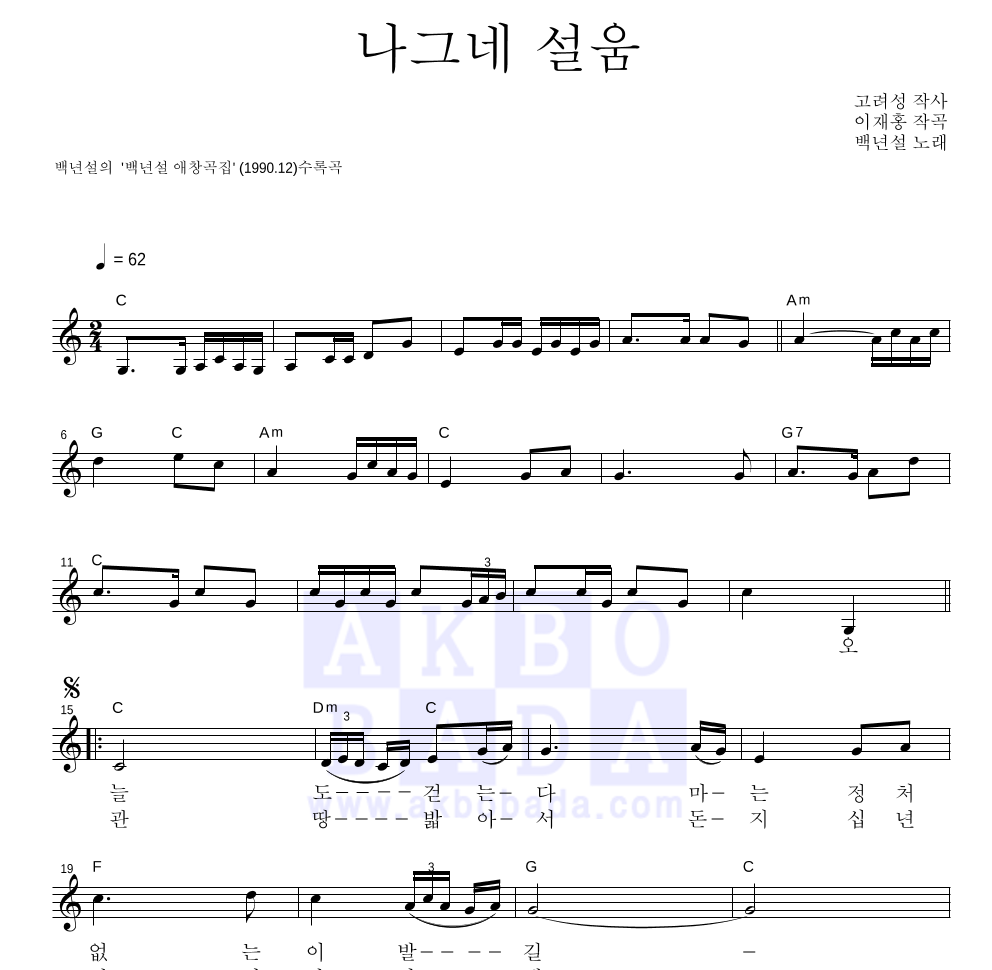 백년설 - 나그네 설움 멜로디 악보 