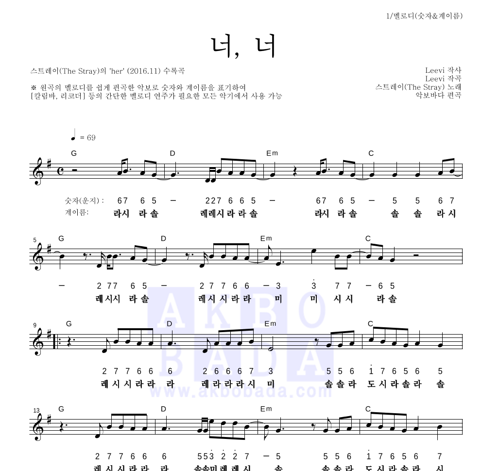 스트레이 - 너, 너 멜로디-숫자&계이름 악보 