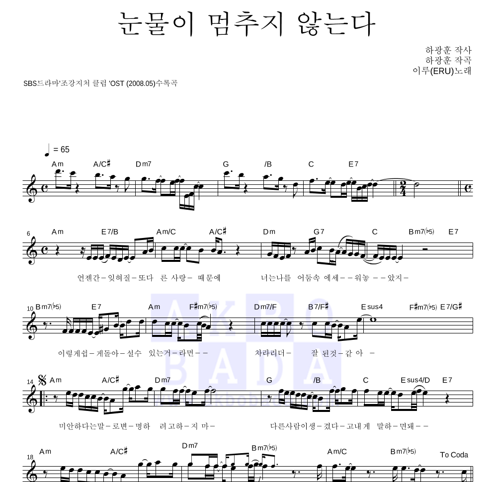 이루(Eru) - 눈물이 멈추지 않는다 멜로디 악보 