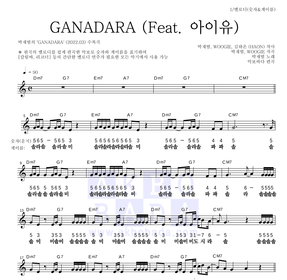 박재범 - GANADARA (Feat. 아이유) 멜로디-숫자&계이름 악보 