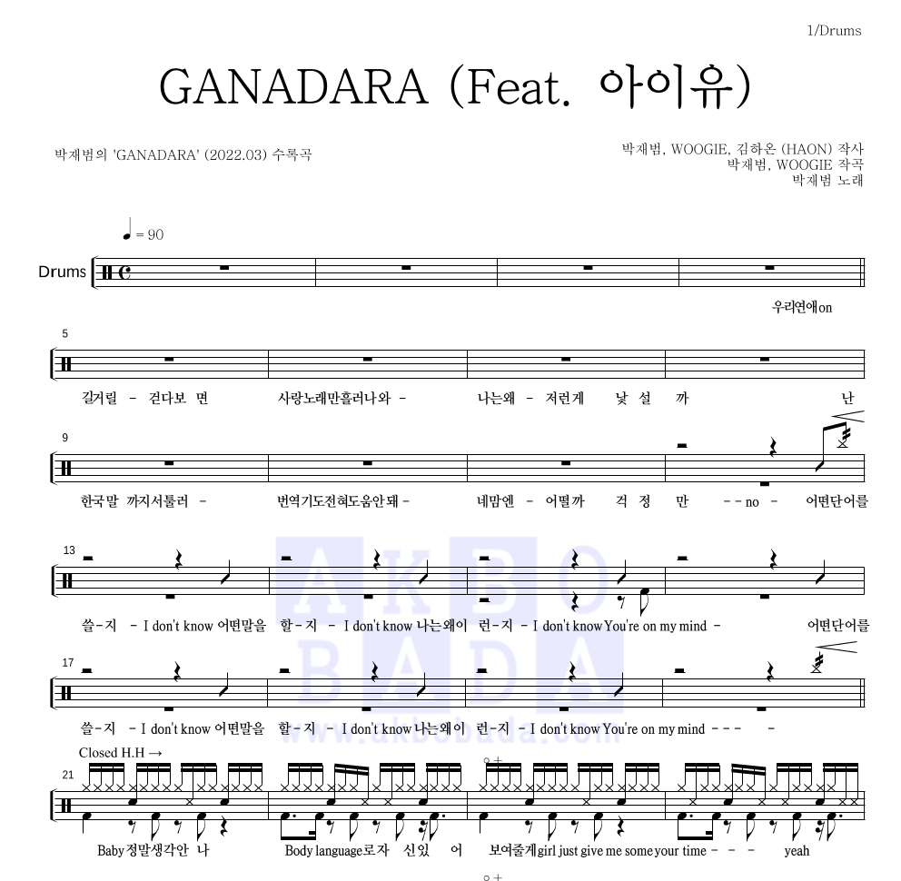 박재범 - GANADARA (Feat. 아이유) 드럼(Tab) 악보 