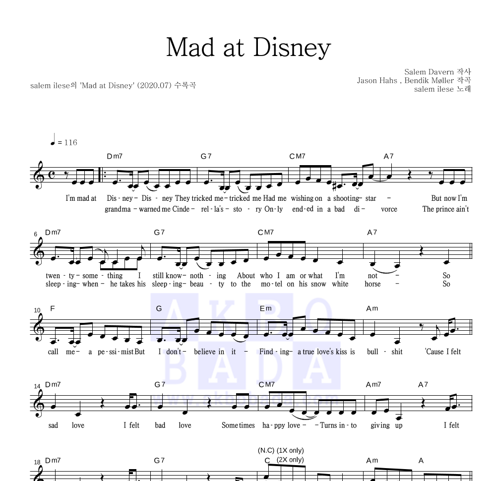 salem ilese - Mad at Disney 멜로디 악보 