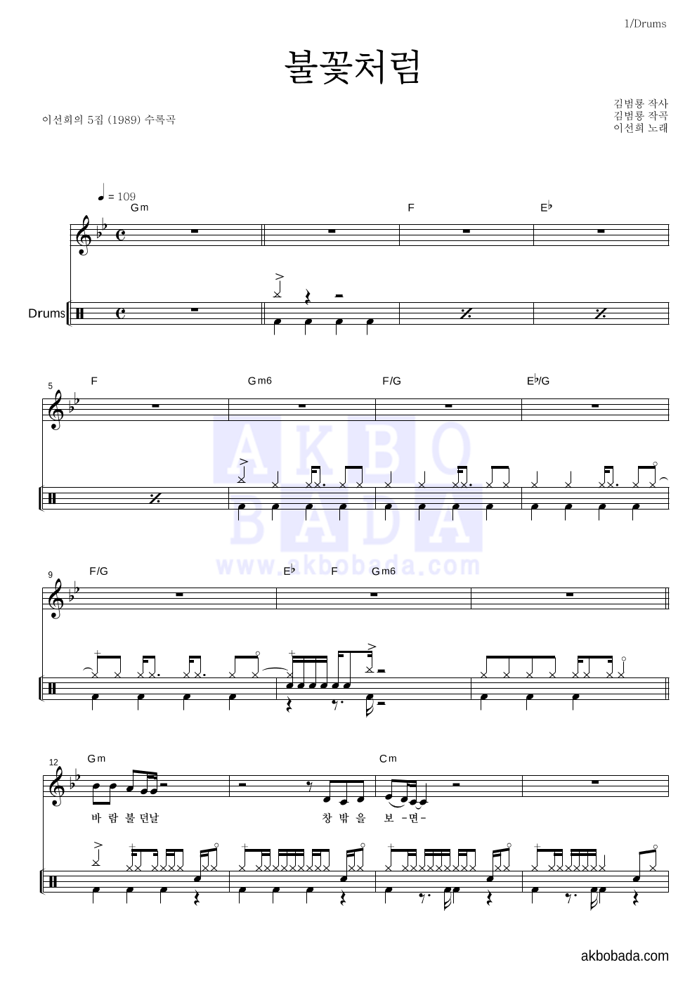 이선희 - 불꽃처럼 드럼 악보 