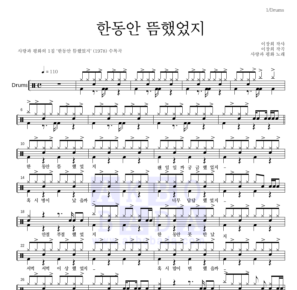 사랑과 평화 - 한동안 뜸했었지 드럼(Tab) 악보 