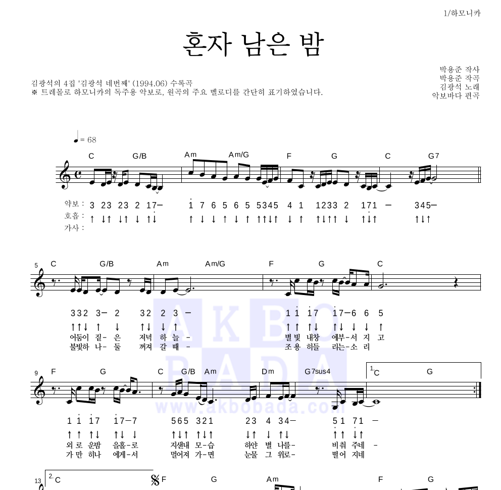 김광석 - 혼자 남은 밤 하모니카 악보 
