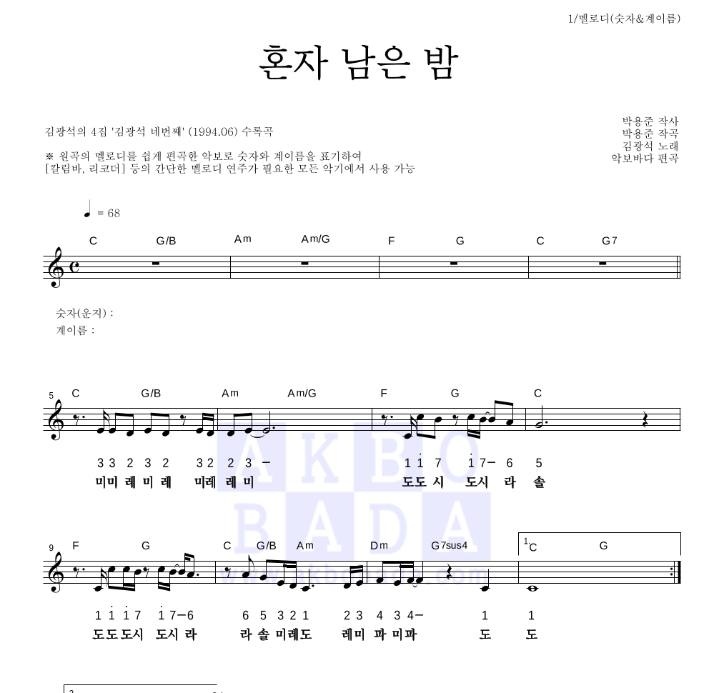 김광석 - 혼자 남은 밤 멜로디-숫자&계이름 악보 