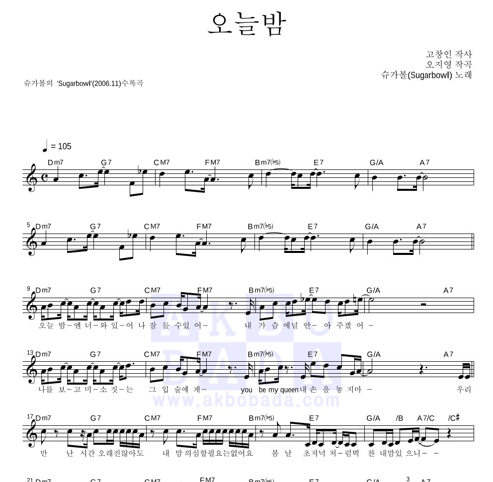슈가볼 - 오늘밤 멜로디 악보 
