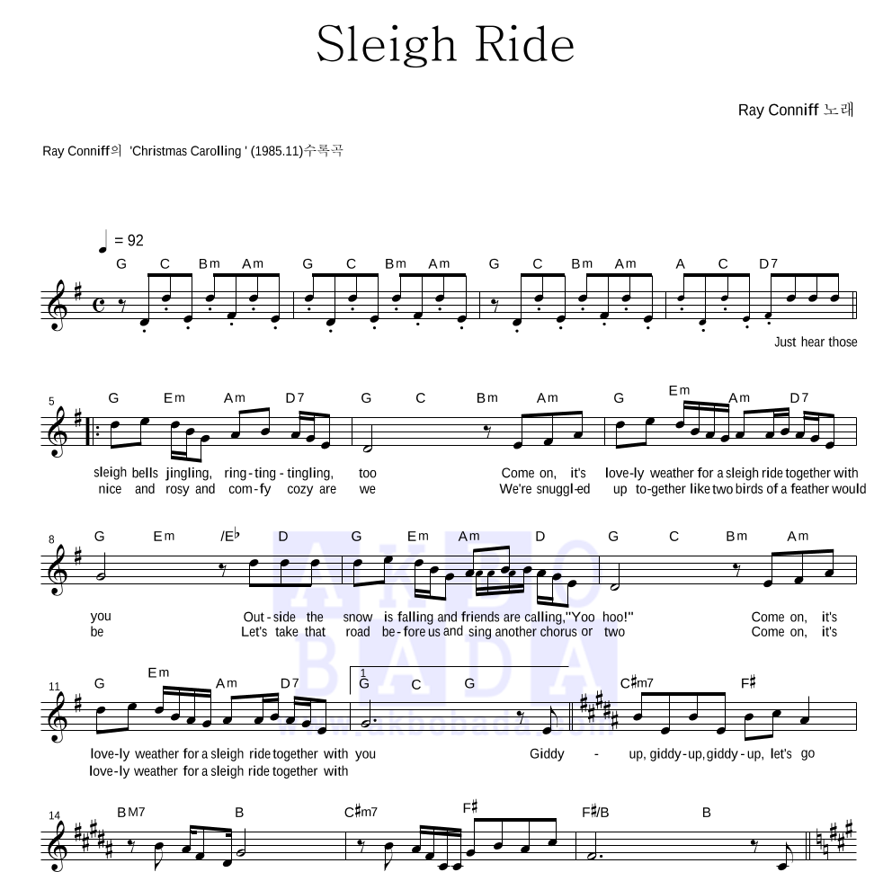Ray Conniff - Sleigh Ride 멜로디 악보 