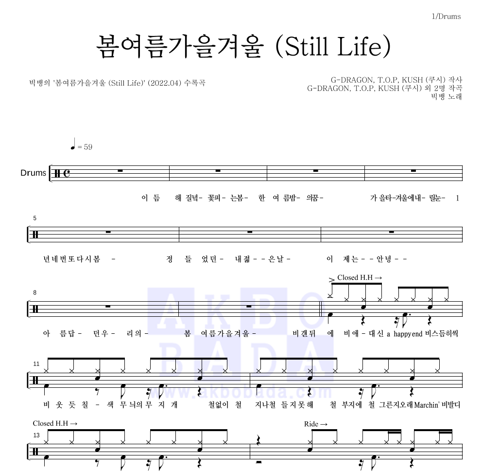 빅뱅 - 봄여름가을겨울 (Still Life) 드럼(Tab) 악보 