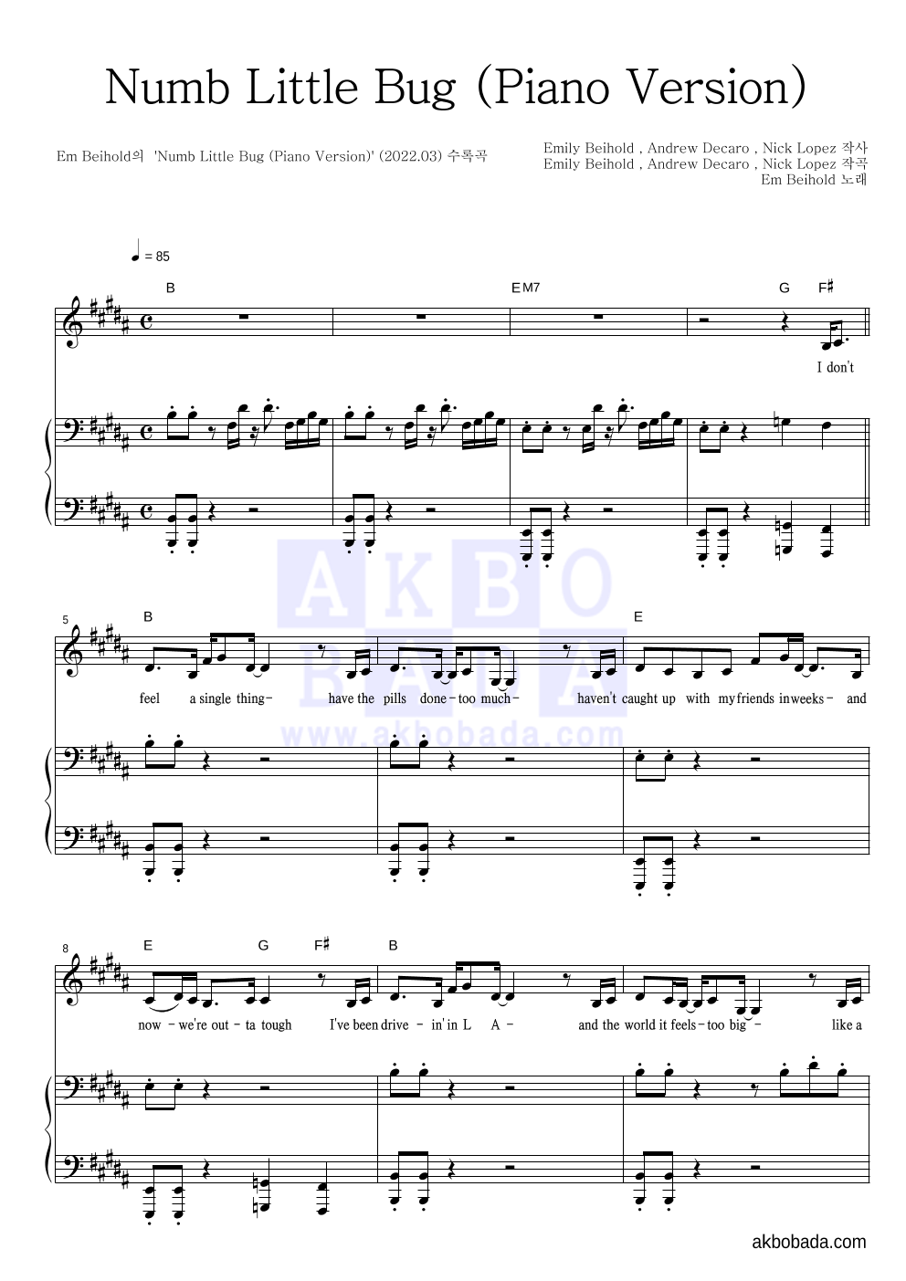 Em Beihold Numb Little Bug (Piano Version) MR 악보바다