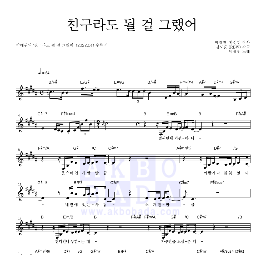 HYNN(박혜원) - 친구라도 될 걸 그랬어 멜로디 악보 