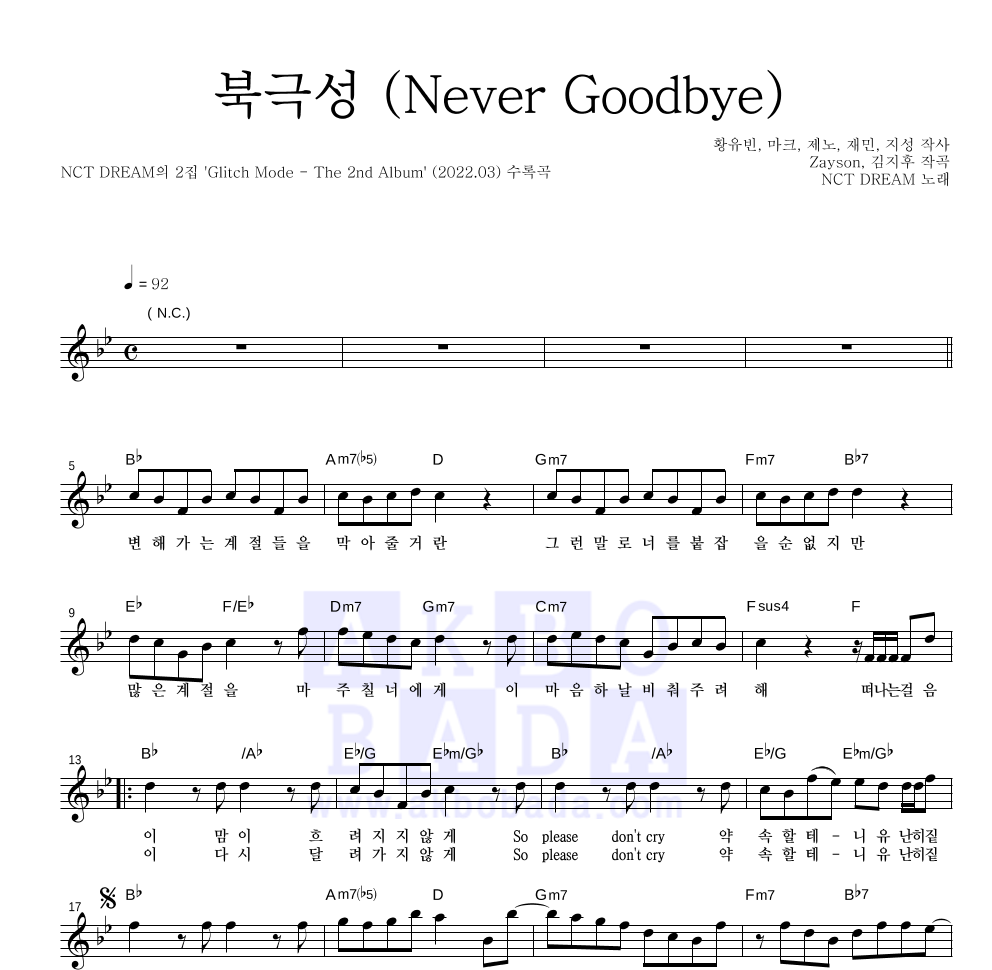 NCT DREAM - 북극성 (Never Goodbye) 멜로디 악보 