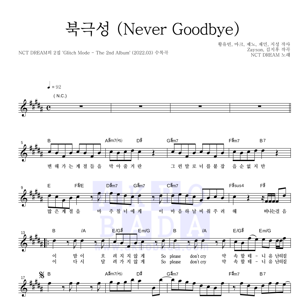 NCT DREAM - 북극성 (Never Goodbye) 멜로디 악보 