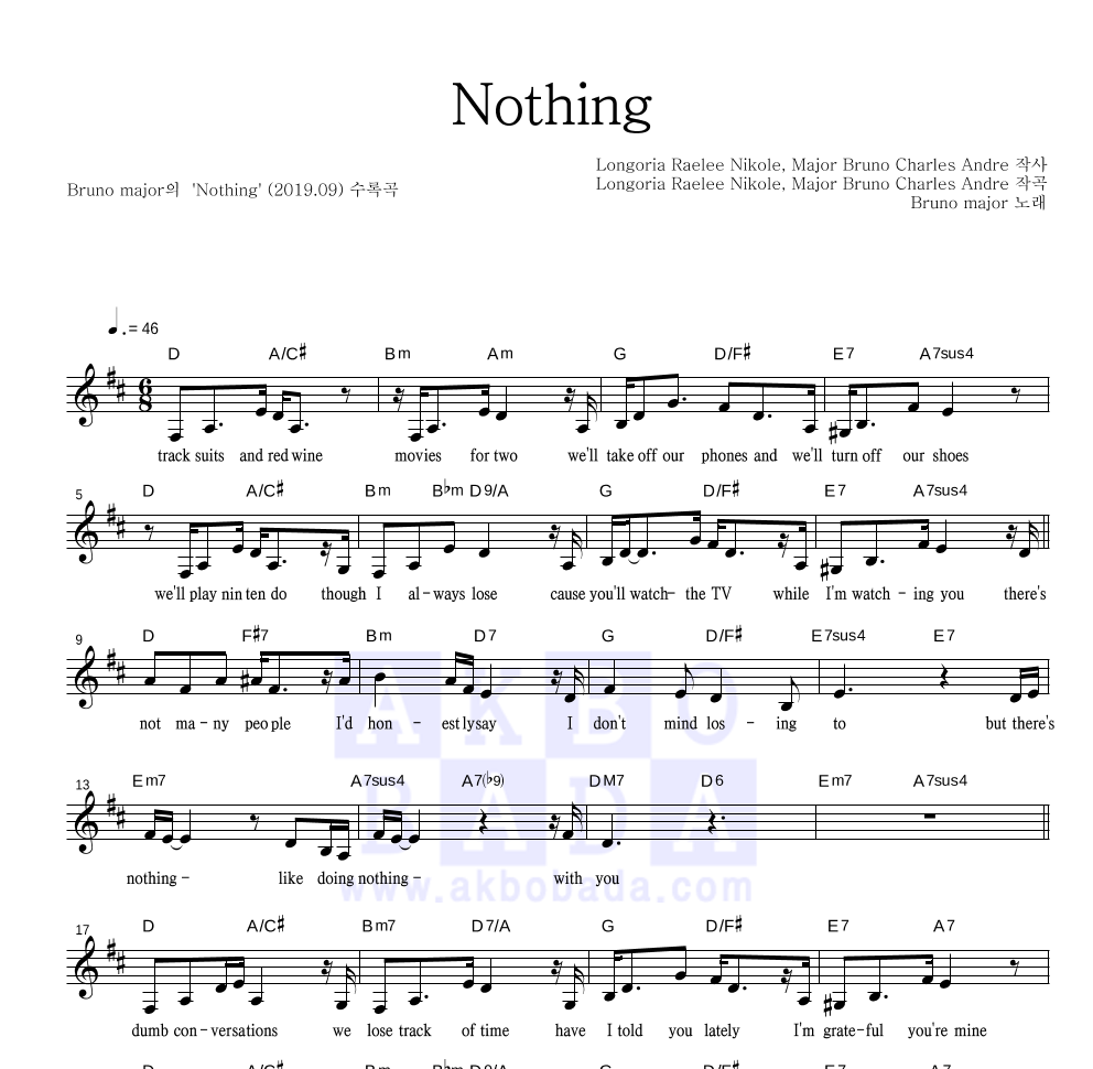 Bruno Major - Nothing 멜로디 악보 