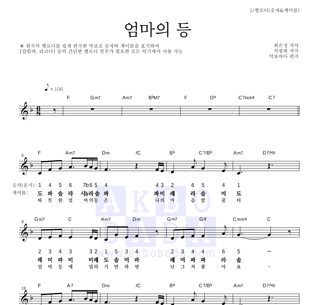 동요 - 엄마의 등 멜로디-숫자&계이름 악보 