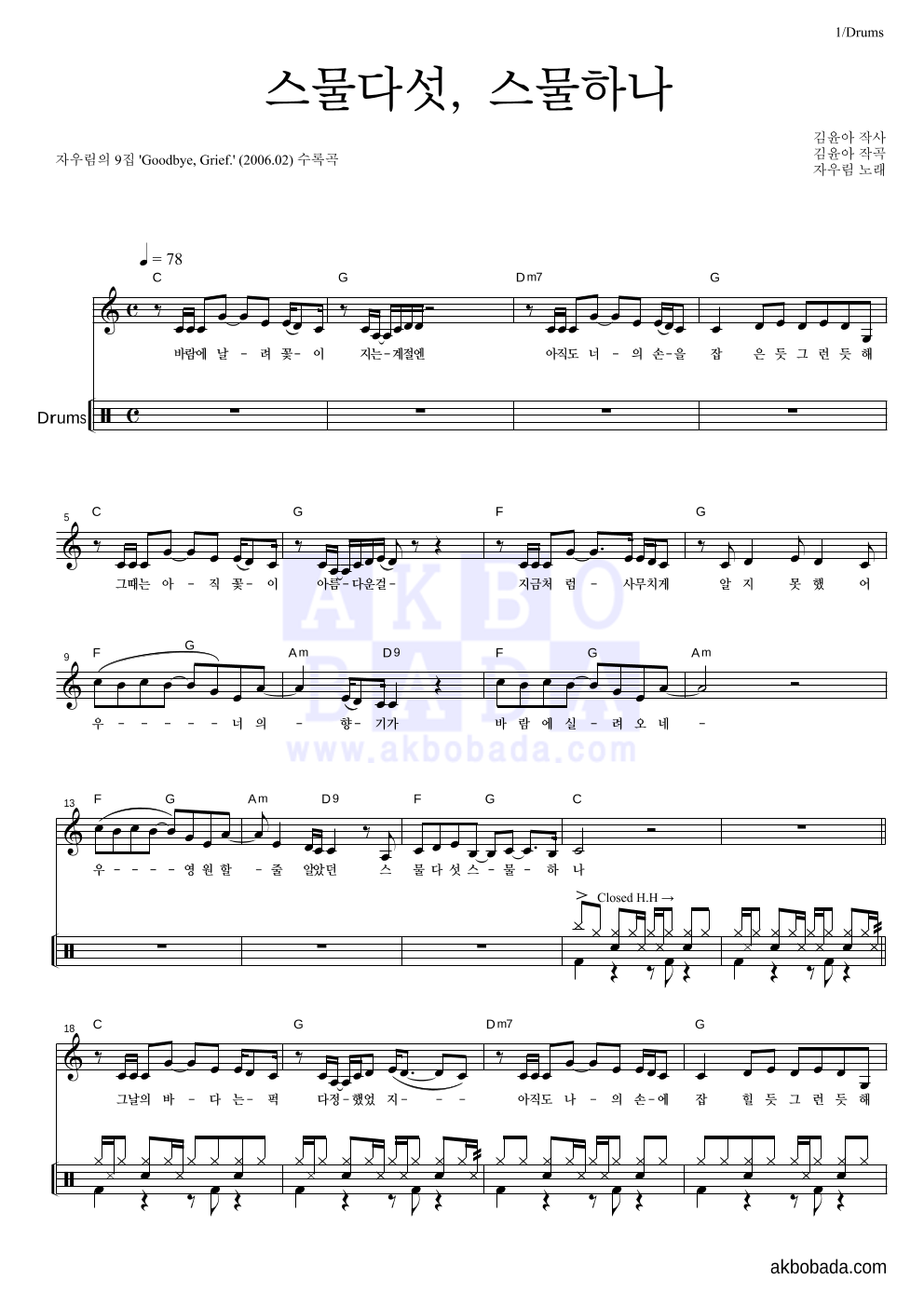 자우림 - 스물다섯, 스물하나 드럼 악보 