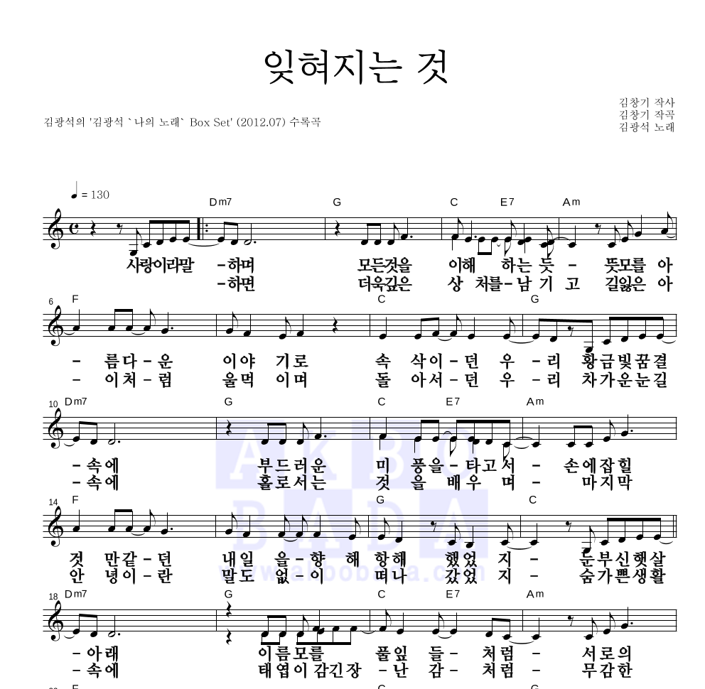 김광석 - 잊혀지는 것 멜로디 큰가사 악보 