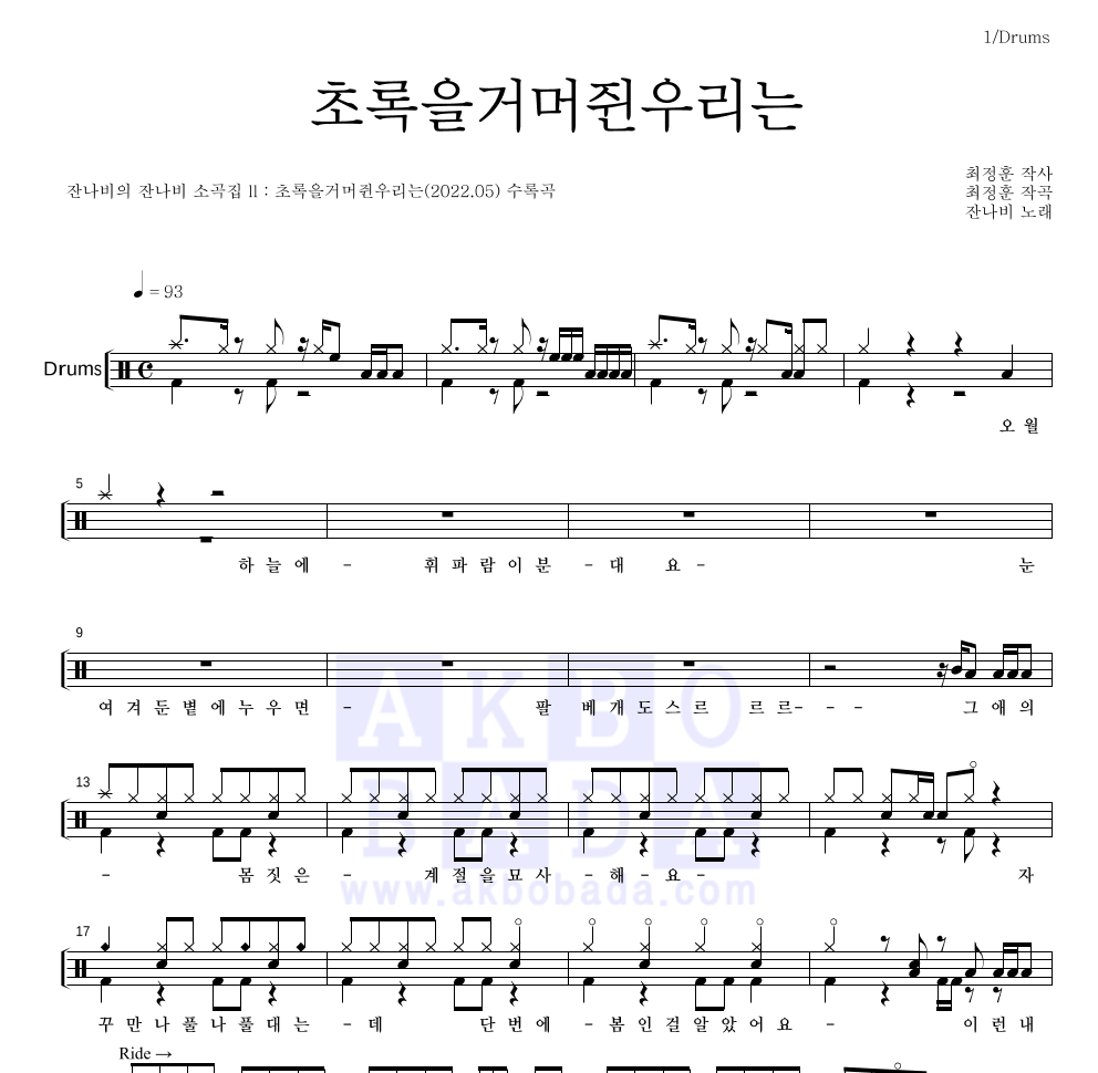 잔나비 - 초록을거머쥔우리는 드럼(Tab) 악보 