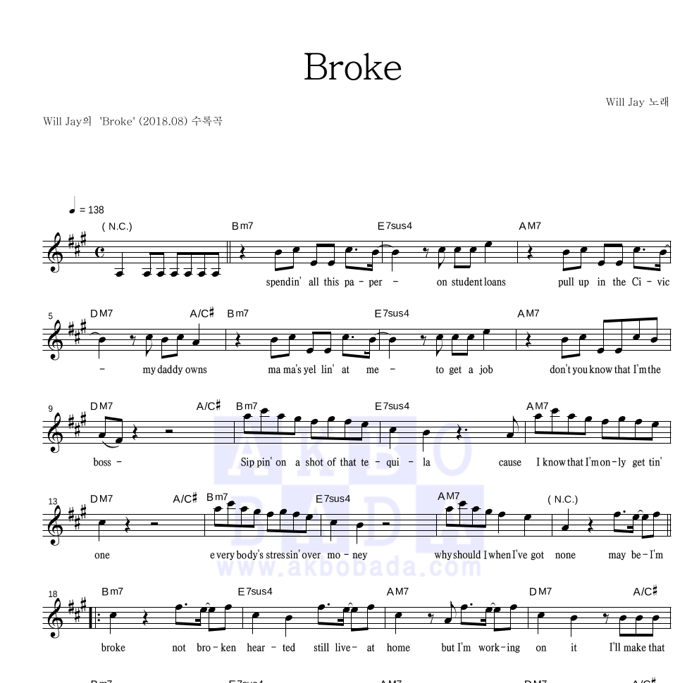 Will Jay - Broke 멜로디 악보 