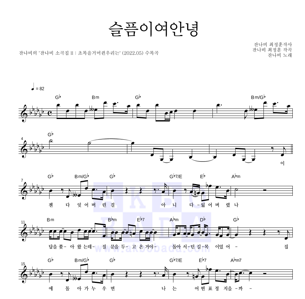 잔나비 - 슬픔이여안녕 멜로디 악보 