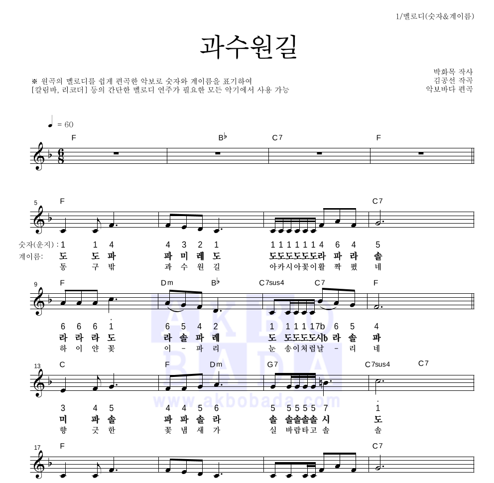 동요 - 과수원길 멜로디-숫자&계이름 악보 