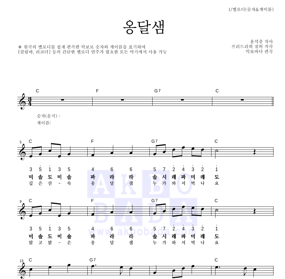 동요 - 옹달샘 멜로디-숫자&계이름 악보 