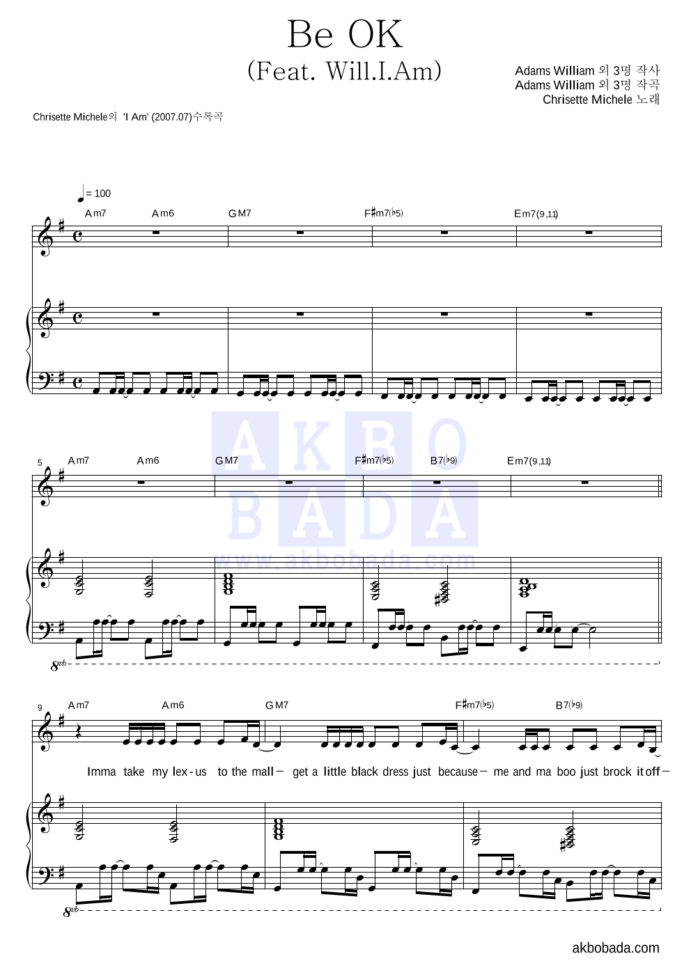 Chrisette Michele - Be OK (Feat. Will.I.Am) 피아노 3단 악보 