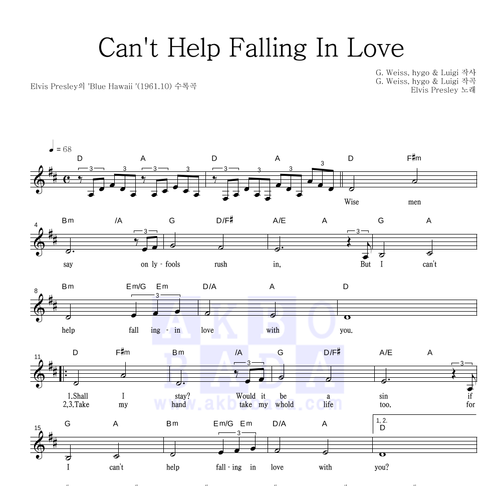Elvis Presley - Can't Help Falling In Love 멜로디 악보 