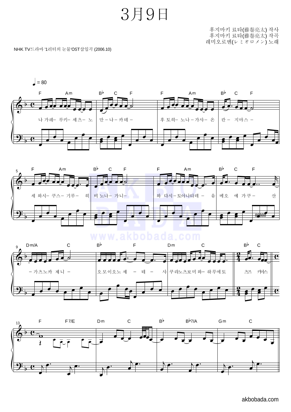 Remioromen - 3月9日 피아노 2단 악보 