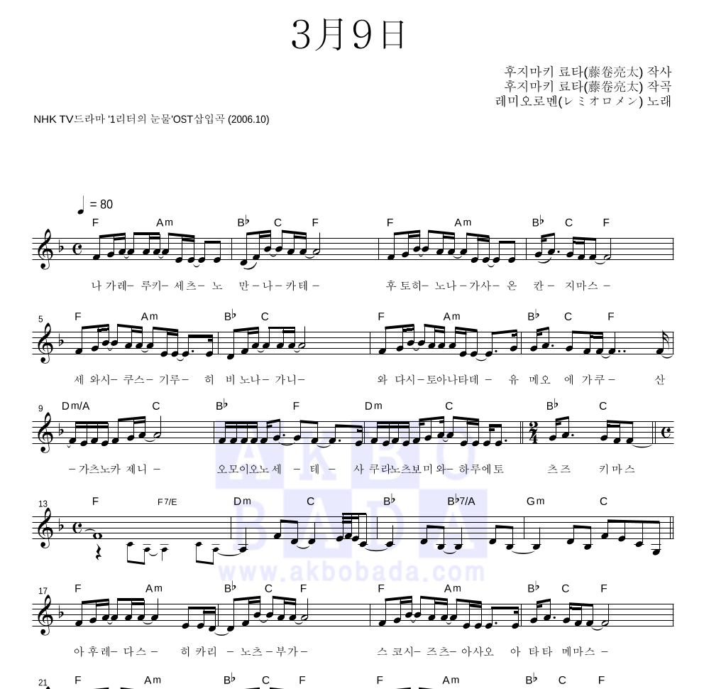Remioromen - 3月9日 멜로디 악보 