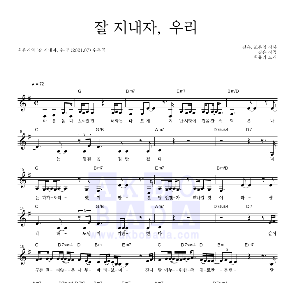 최유리 - 잘 지내자, 우리 멜로디 악보 