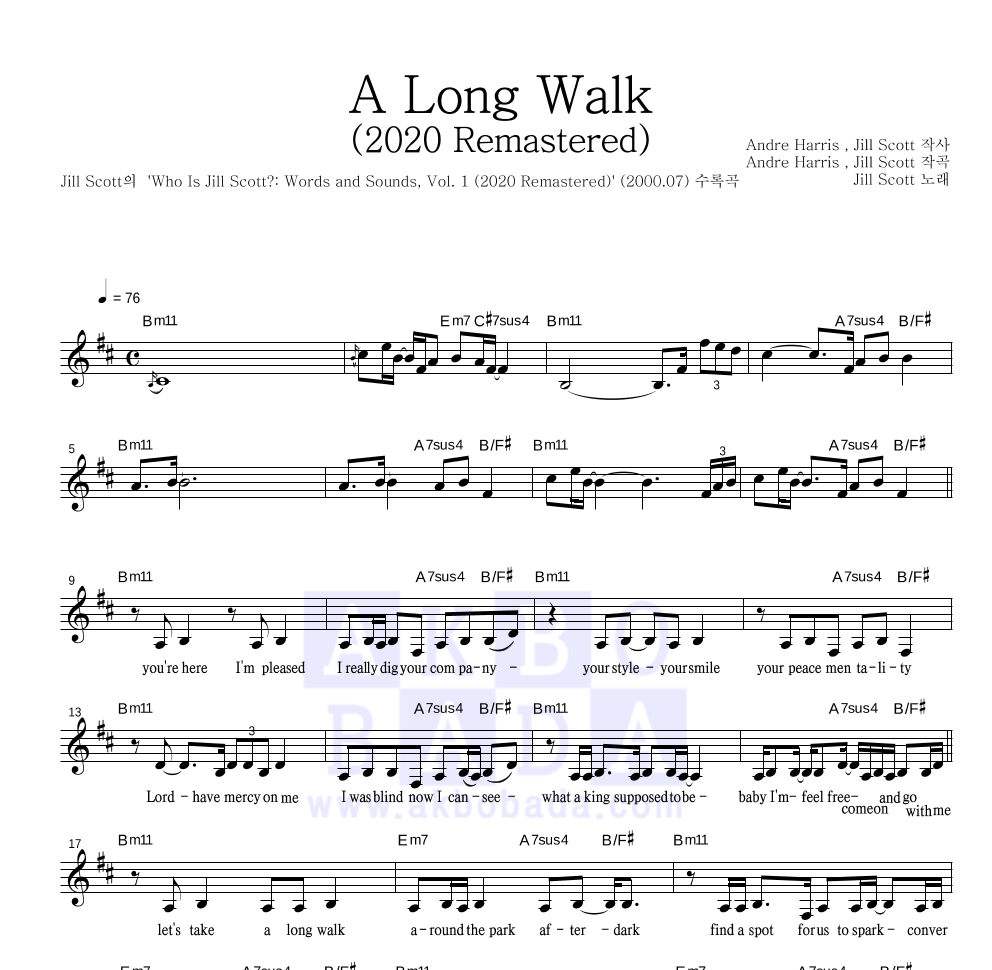 Jill Scott - A Long Walk(2020 Remastered) 멜로디 악보 