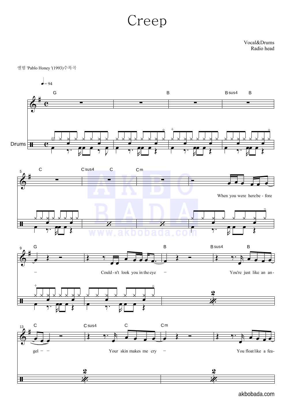 Radiohead - Creep 드럼 악보 