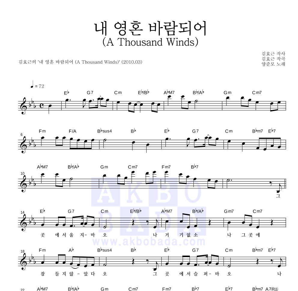 김효근,양준모 - 내 영혼 바람되어 (A Thousand Winds) 멜로디 악보 